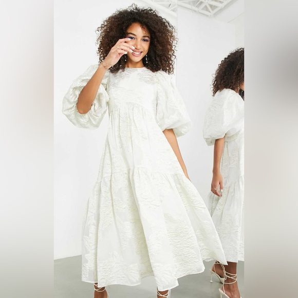 ASOS EDITION Tiered Metallic Floral Jacquard Midi Dress – Ivory/White NWT Size 4 - Picture 16 of 16